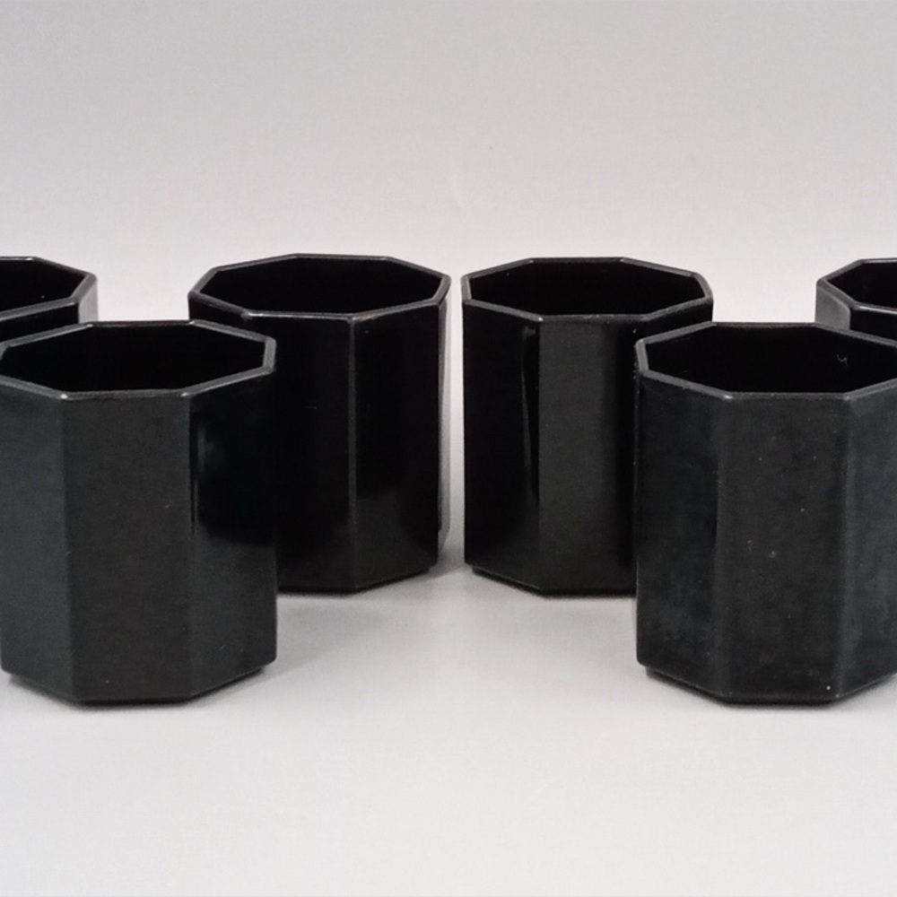 8 Vintage Arcoroc France. Black Glass, Octime Coffee / espresso cups. MCM. 6.5oz